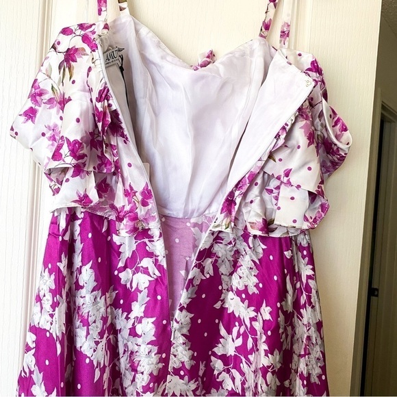 AMUR Dress Off-The-Shoulder Popover Waist Floral Silk Flowy Midi Magenta 4 NWT - Picture 7 of 7